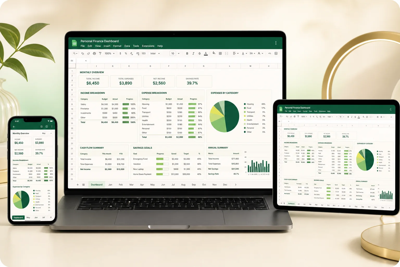 Plantilla financiera de Google Sheets mostrada en computadora, tableta y celular